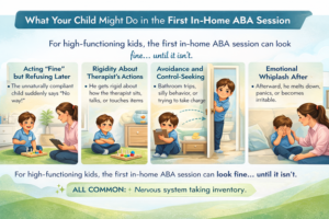 In-home ABA therapy first session infographic showing common ‘normal’ behaviors for high-functioning kids, including masking, rigidity, avoidance, refusal later, and emotional whiplash.